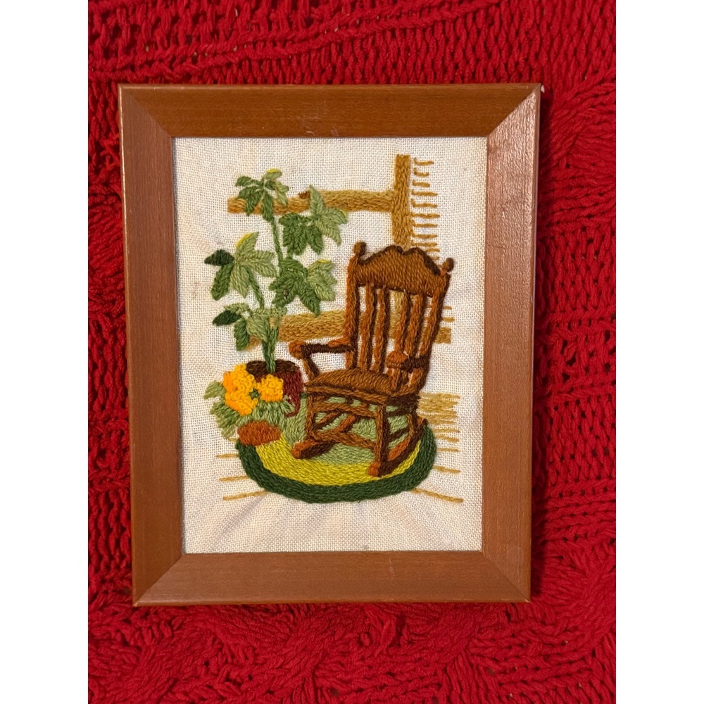 Vintage Needlepoint Framed Wall Art Rocking Chair Plant Cottagecore Folk Art